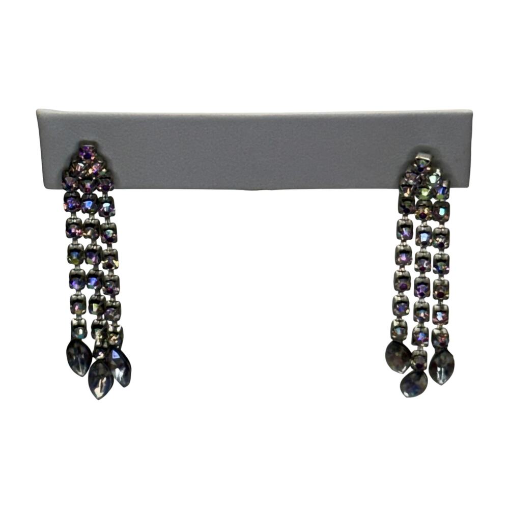 Gunmetal AB Rhinestone Waterfall Drop Earrings 3-Chain Cascade 2in - Picture 1 of 6